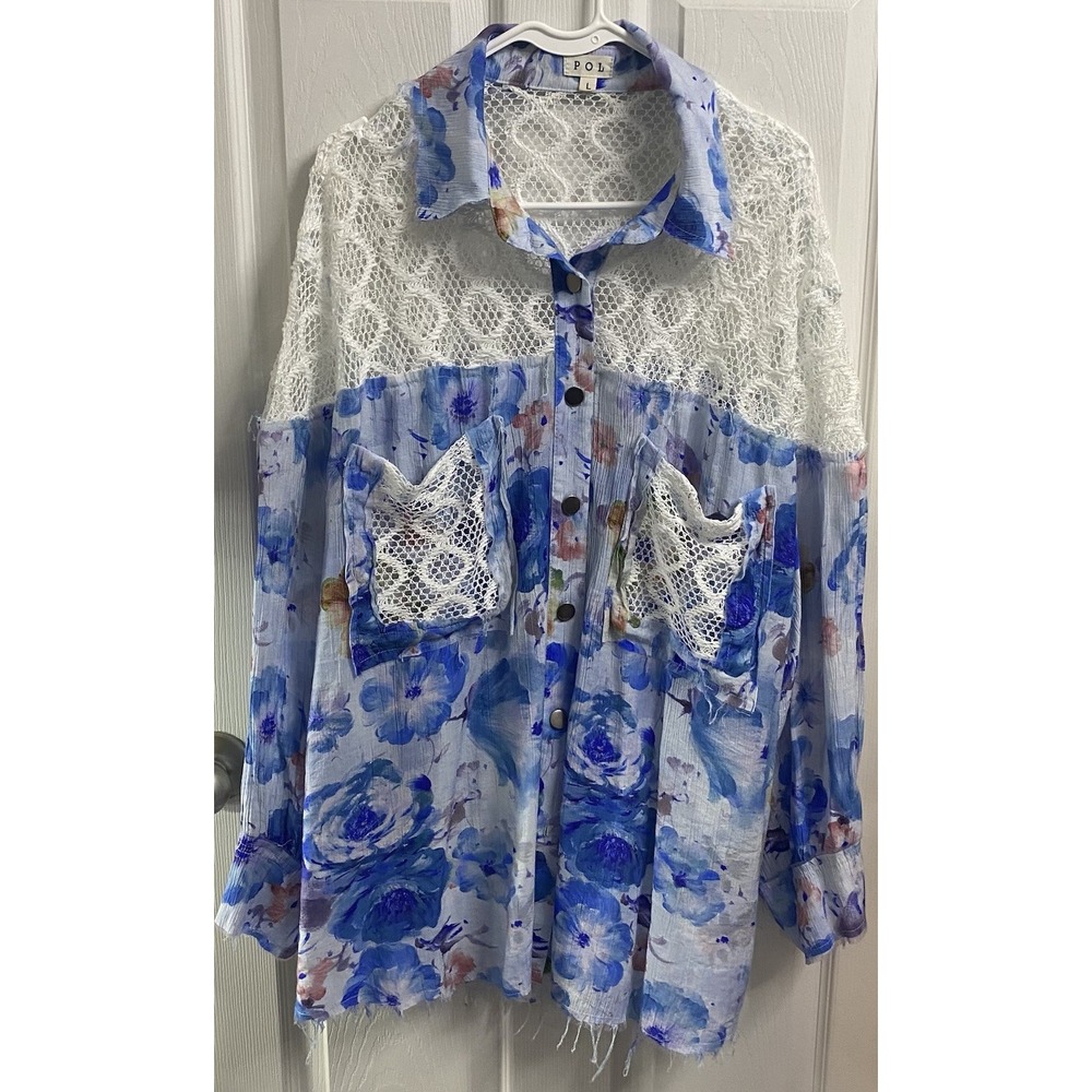 POL Women Floral Blue&White Lace Crocheted Button Down Shirt Oversized Boho L-1X
